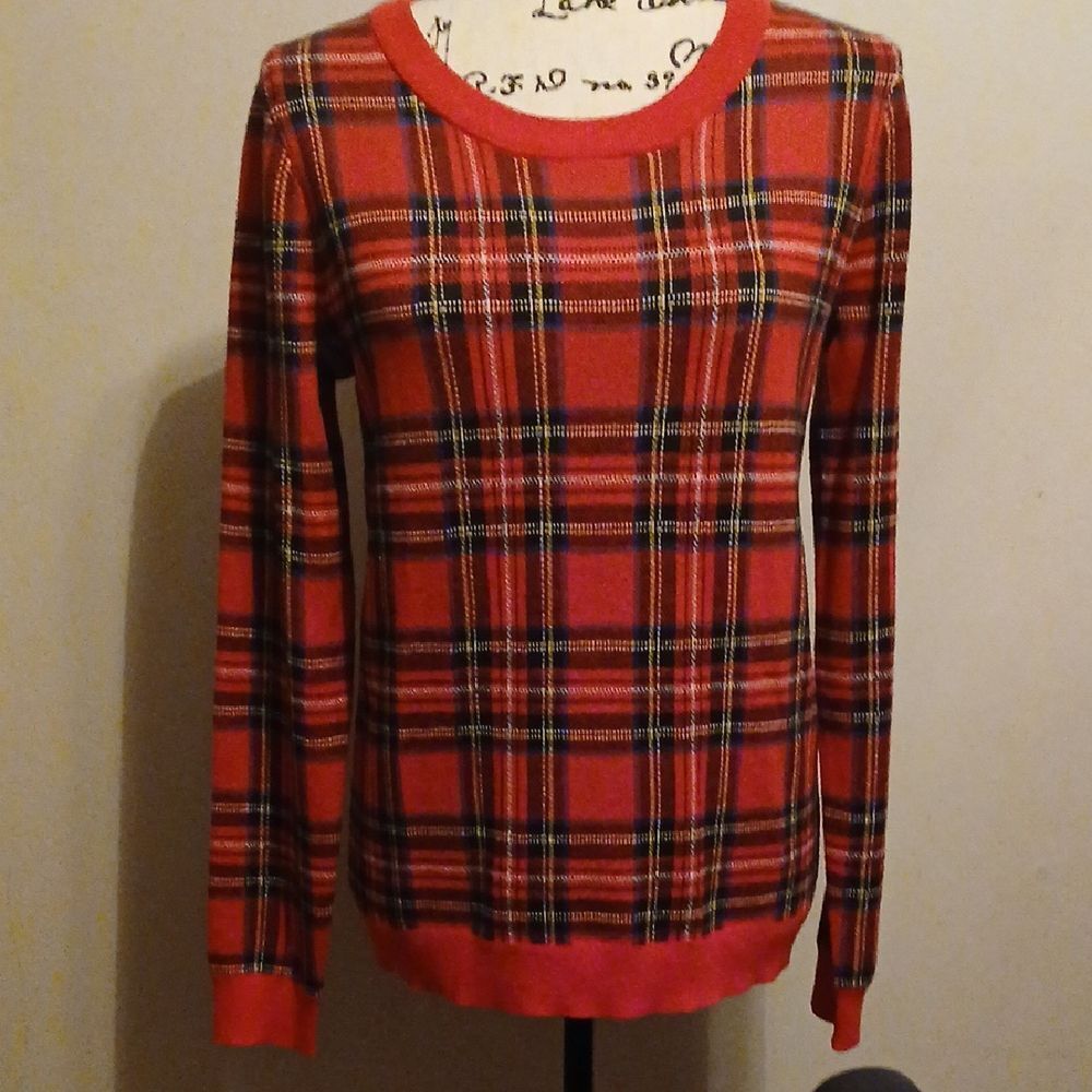 NWT J. Crew Red and Black Tartan Crew Neck Sweater